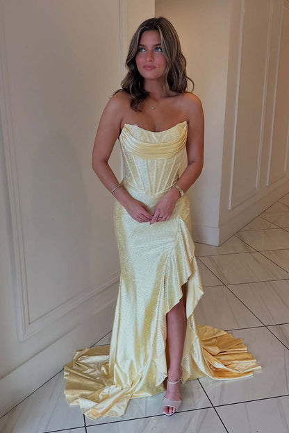 Ruffle Slit Strapless Corset Bodice Prom Dress