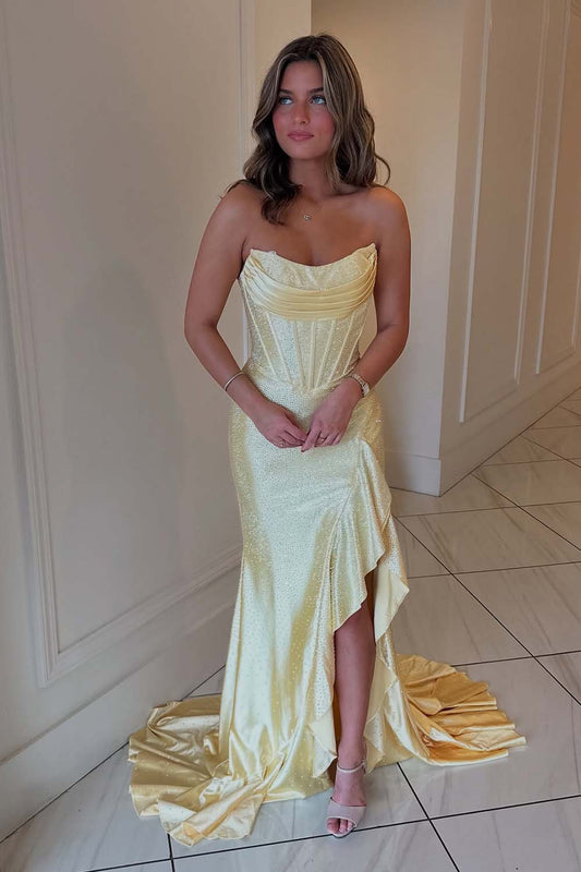 Ruffle Slit Strapless Corset Bodice Prom Dress