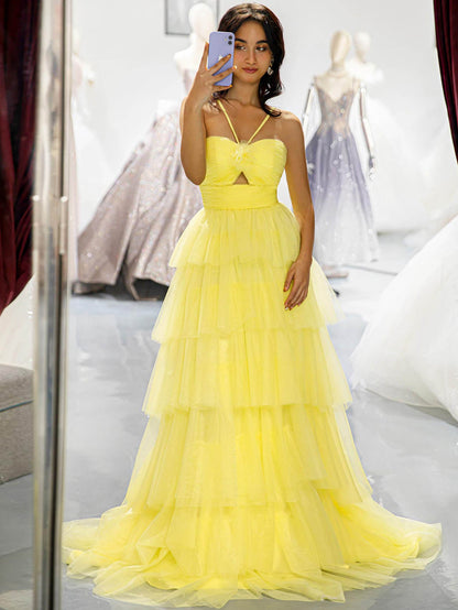 Keyhole Ruffle Tulle Prom Dress