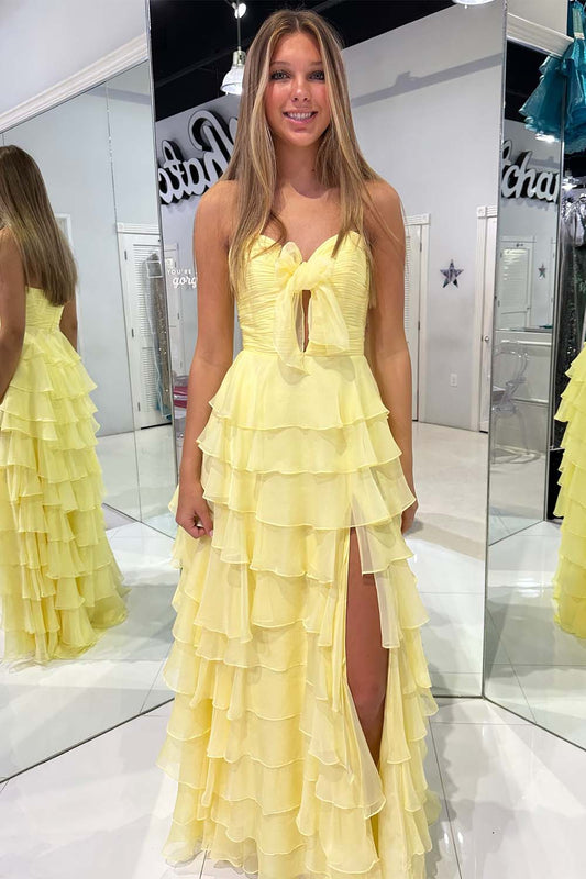 Yellow Chiffon Ruffle Tiered Prom Gown